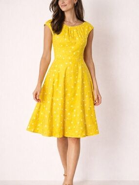 💛 Boden Yellow Polka Dot A-Line Dress Size US 12L Cotton Sleeveless EUC 💛